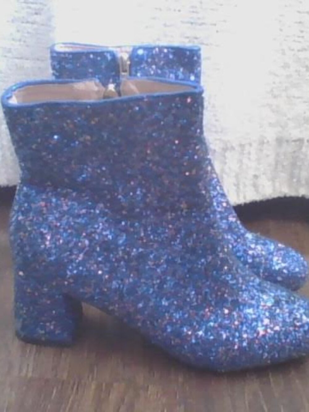 Blue Glitter Pointed Toe Chunky Heel Ankle Boots - Picture 7 of 9